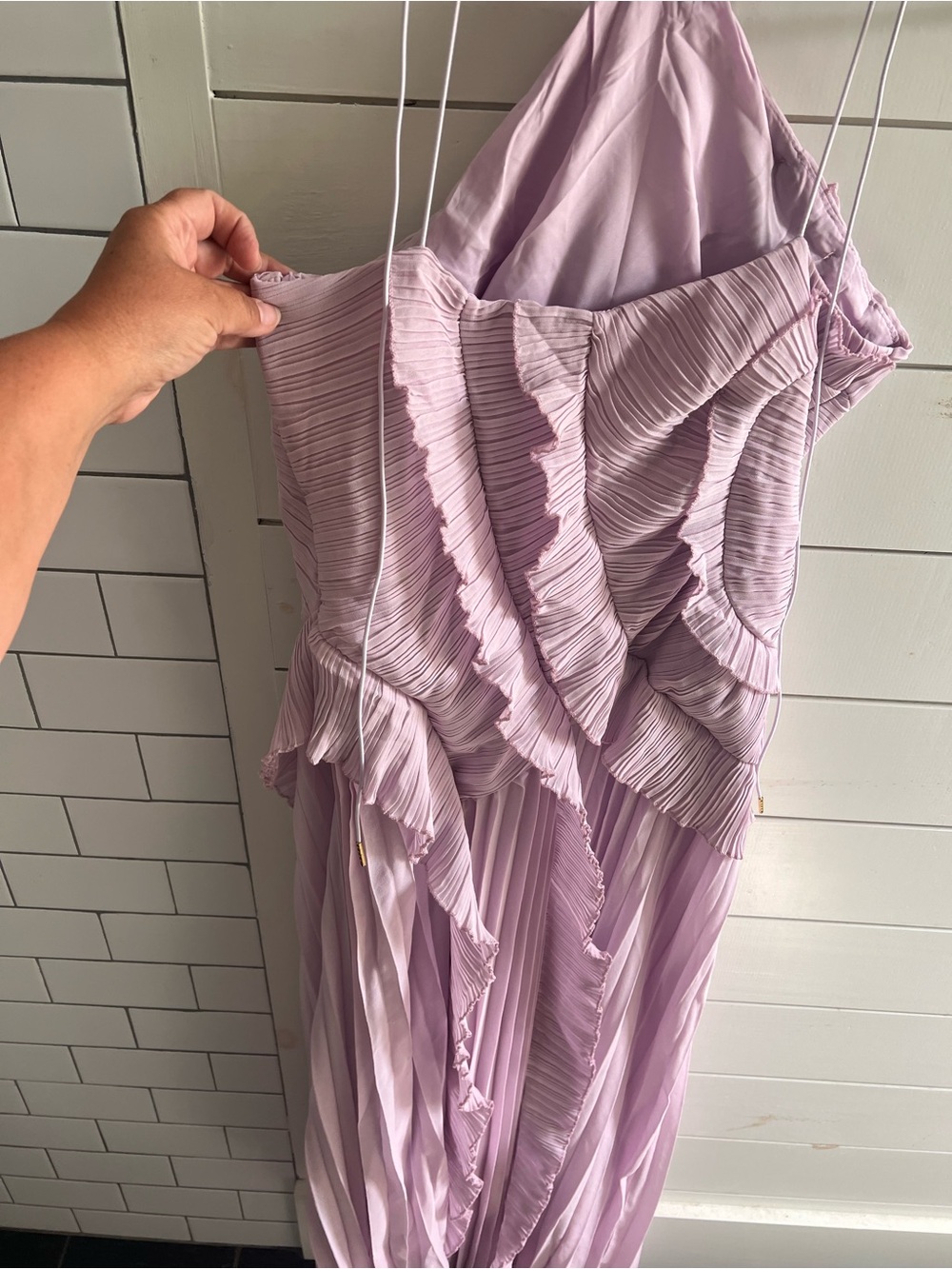 Azazie Lavender Asymmetrical Pleated Ruffle Halter Gown - Picture 5 of 9